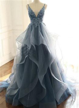 Picture of Blue Lace Top with Layers Tulle Prom Dresses, New Straps Evening Gown